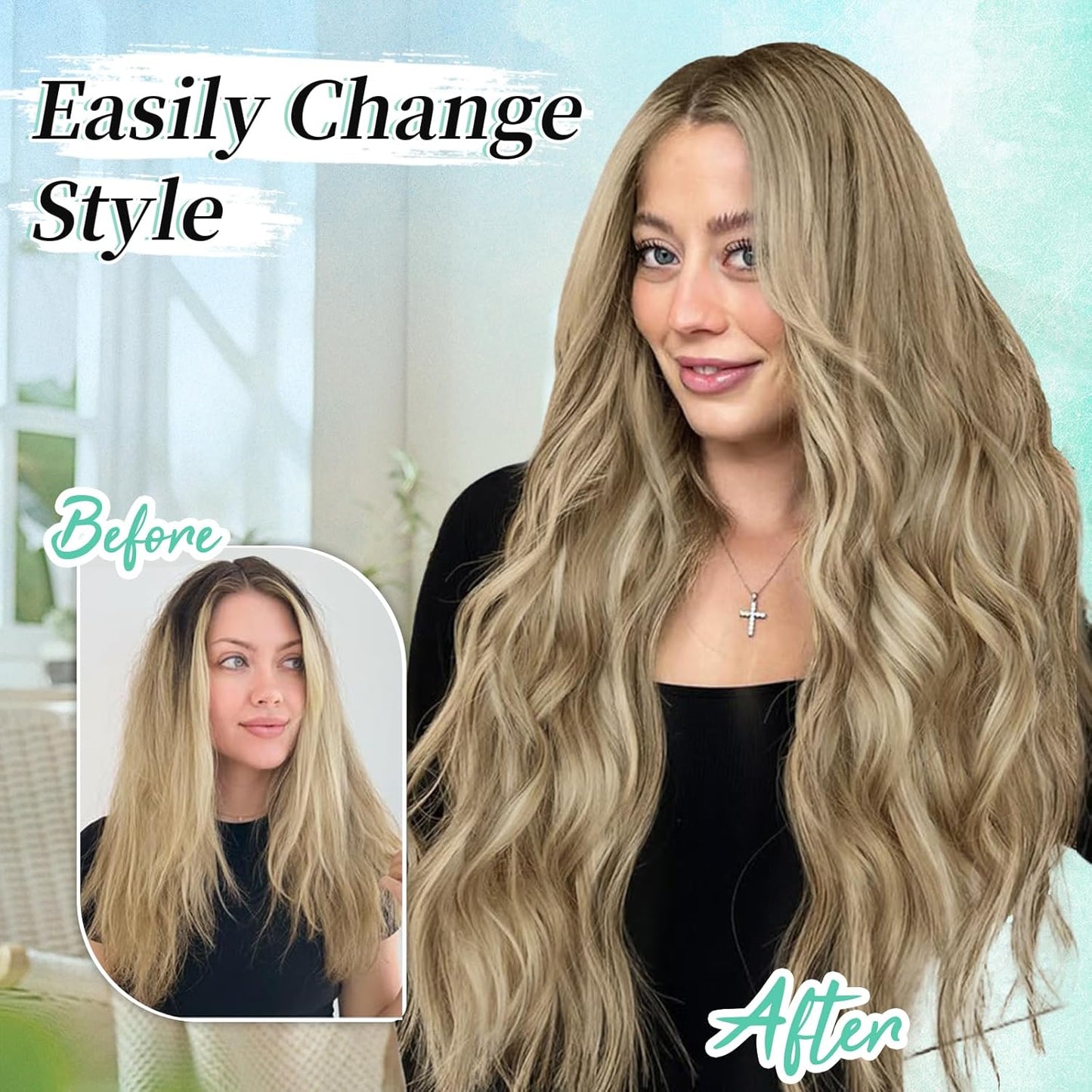 KooKaStyle Clip in Synthetic Hair Extensions Long Wavy 4PCS Thick Hairpieces Light Brown mix Golden Blonde Fiber Double Weft Natural Hair Extensions 20 Inch for Women