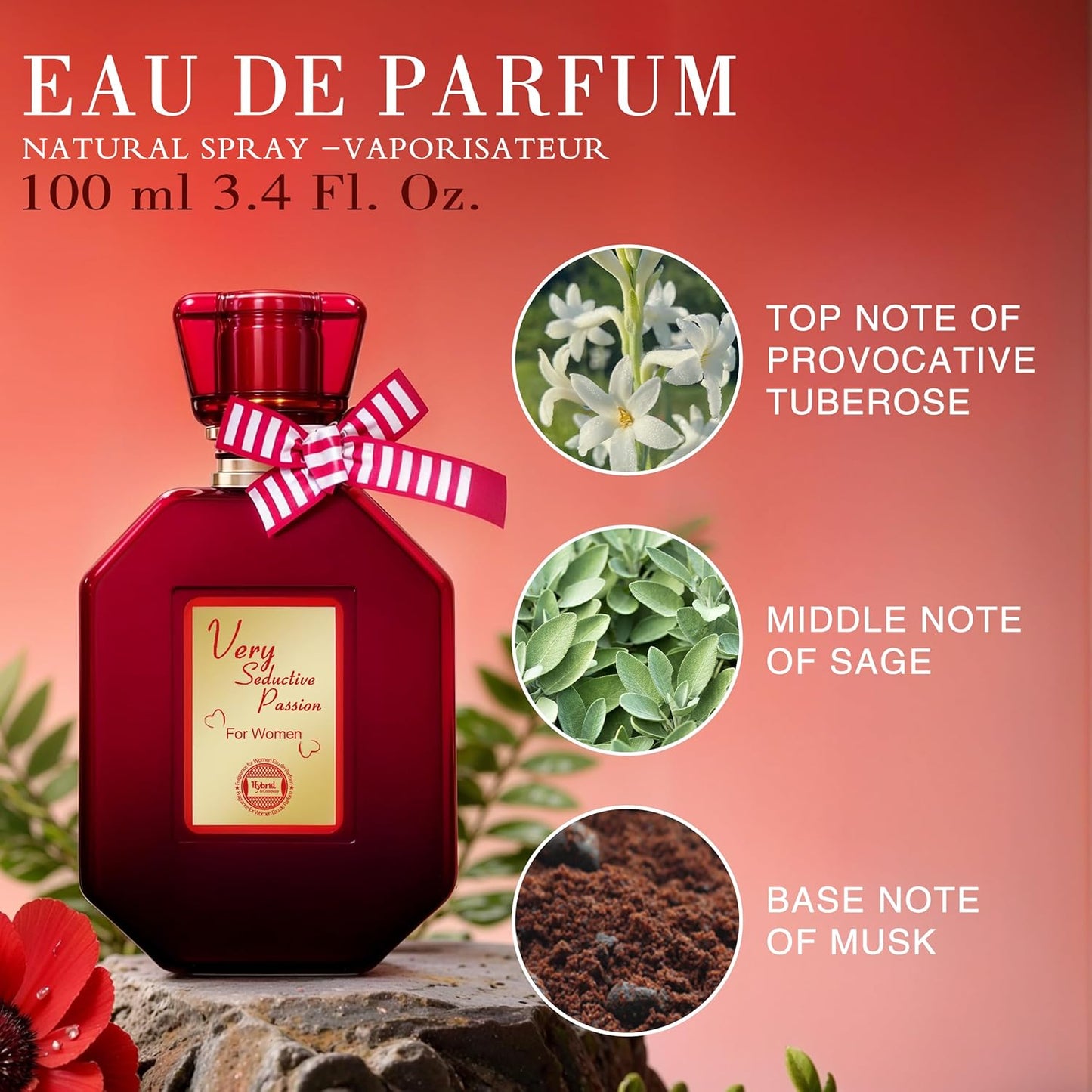 Hybrid & Company Very Seductive for Women Eau De Parfum Natural Spray Sensual Scent, 3.4 Fl Oz