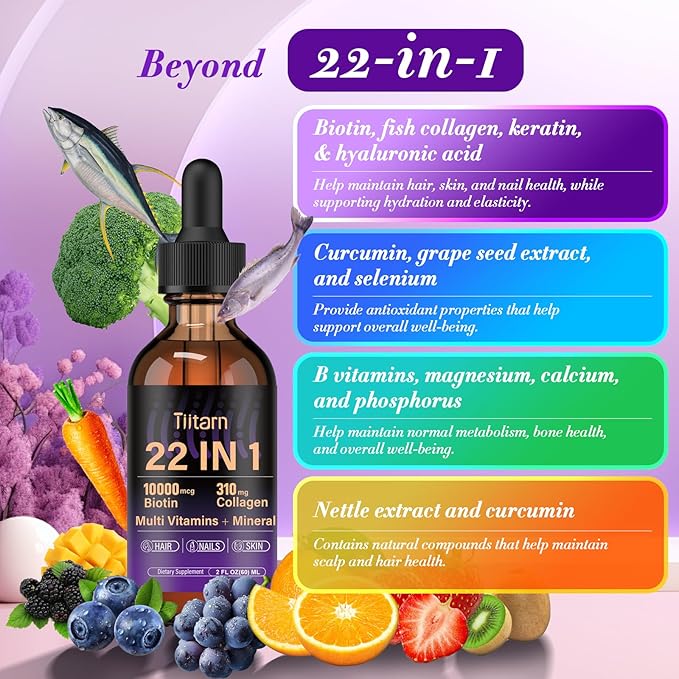 Liquid Collagen, Biotin & Hyaluronic Acid – Hair Growth Vitamins and Mineral Supplements for Women and Men Supports Hair, Skin & Nails | Vitamin B Complex-60ML