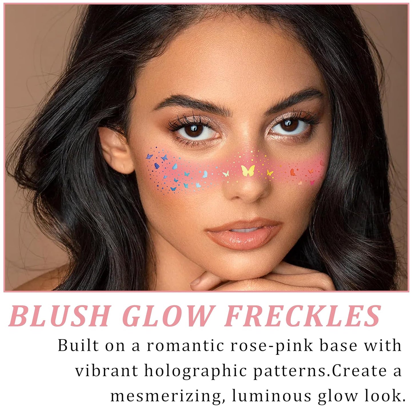 10 Pcs Holographic Multichrome Glitter Freckles Face Tattoos, 2-in-1 Rose-pink Blush and Holographic Laser Temporary Tattoos, Waterproof and Long-lasting Face Makeup Tattoos for Women and Girls