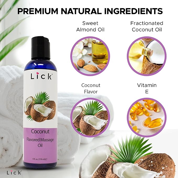 Coconut Flavored Massage Oil for Couples – Edible Massaging Lotion with Vitamin E, Sweet Almond and Coconut Oil is Non Sticky and Gentle on Skin – Natural, Relaxing and Vegan (4 oz)