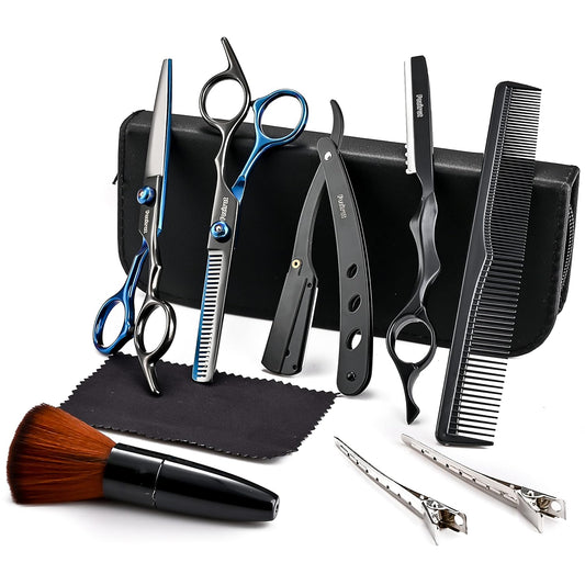 Barber Hair Cutting Scissors Set, Fozirut Professional Haircut Scissors Thinning Shears Straight Edge Razor Barber Accessories Hair Trimming Kit, Hairdresser Tools Haircutting Shears Pro for Men Women