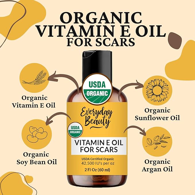 Organic Vitamin E Oil for Scars - All Natural & Vegan Skin Moisturizer 2oz - Light and Unscented Great for Scars After Surgery - Reduce Wrinkles, Anti Aging, Lighten Dark Spots - Face, Skin & All Over