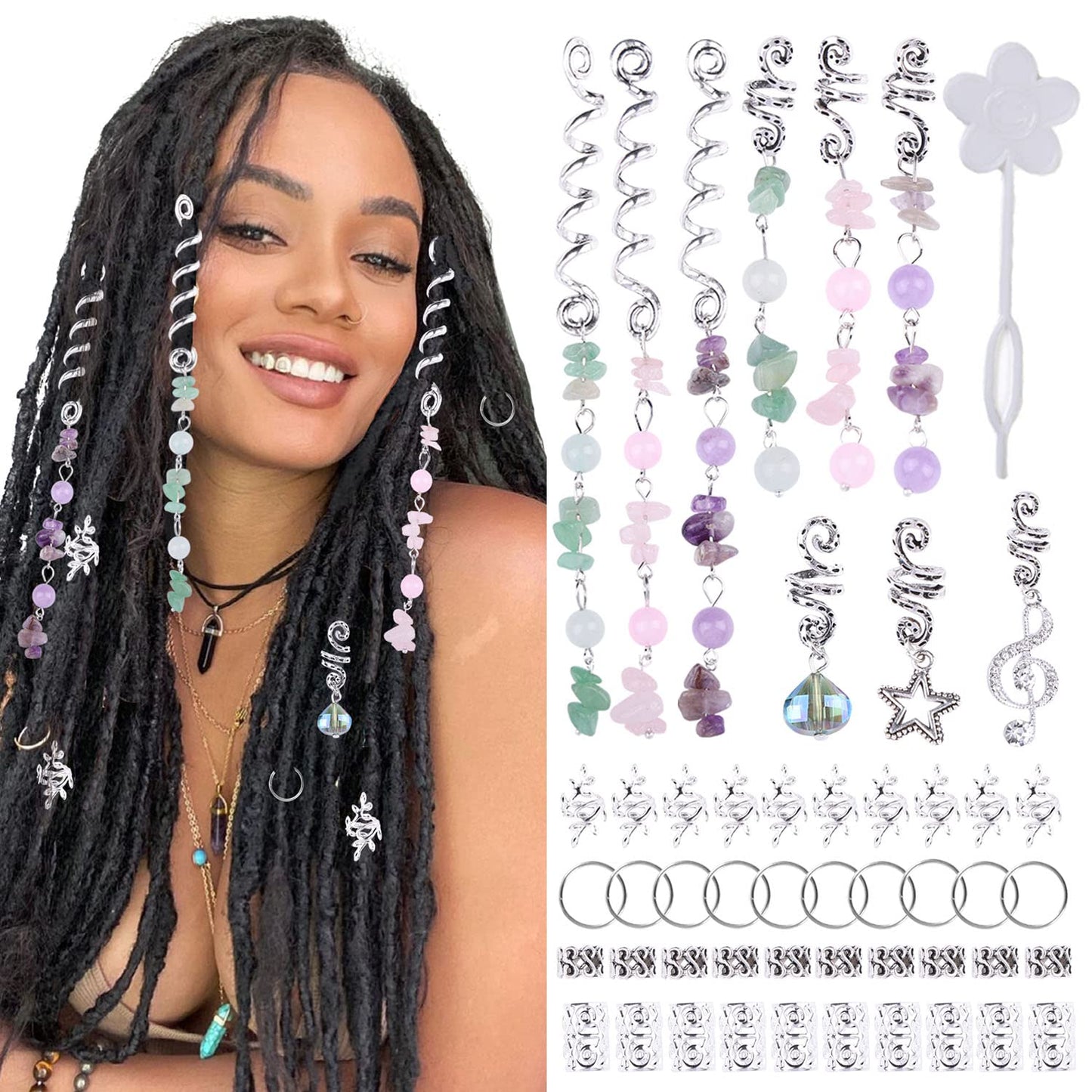 Leeven 50 PCS Colored Natural Stone Pendant Hair Jewelry for Braids Silver Hair Beads Crystal Dreadlock Accessories for Women