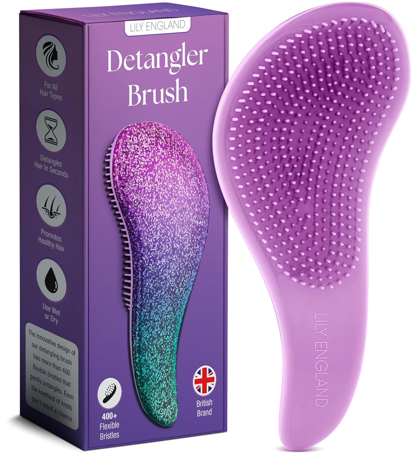 Lily England Detangler Hair Brush for Curly, Thick, Straight & Natural Hair - Gentle Detangling Brush for Women, Kids & Toddlers with Flexible Bristles - Smooth Hairbrush for Wet & Dry Hair, Purple