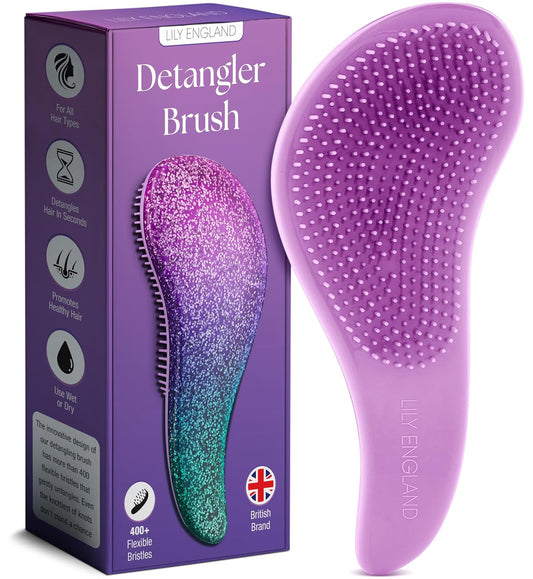 Lily England Detangler Hair Brush for Curly, Thick, Straight & Natural Hair - Gentle Detangling Brush for Women, Kids & Toddlers with Flexible Bristles - Smooth Hairbrush for Wet & Dry Hair, Purple