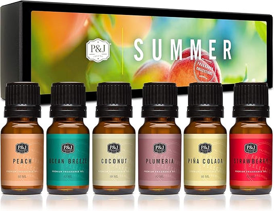 P&J Trading Summer Set of 6 Fragrance Oils - Peach, Strawberry, Plumeria, Coconut, Ocean Breeze, Pina Colada Candle Scents, Soapmaking, Diffuser Oil