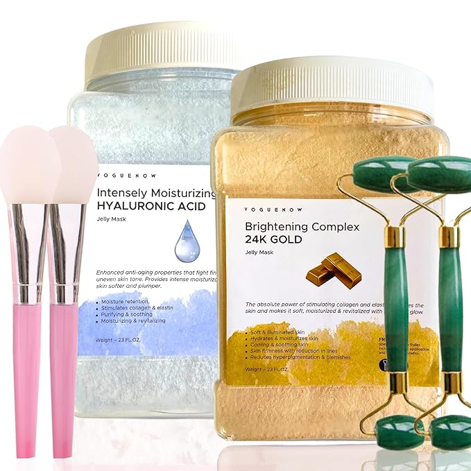Jelly Face Mask for Facials - 24K Gold + Hyaluronic Acid (Pack of 2) - Hydrating Glowing & Nourishing - Free Jade Roller & Spatula - Professional Hydrojelly Masks -Perfect for Vajacial - 46 Oz Jar