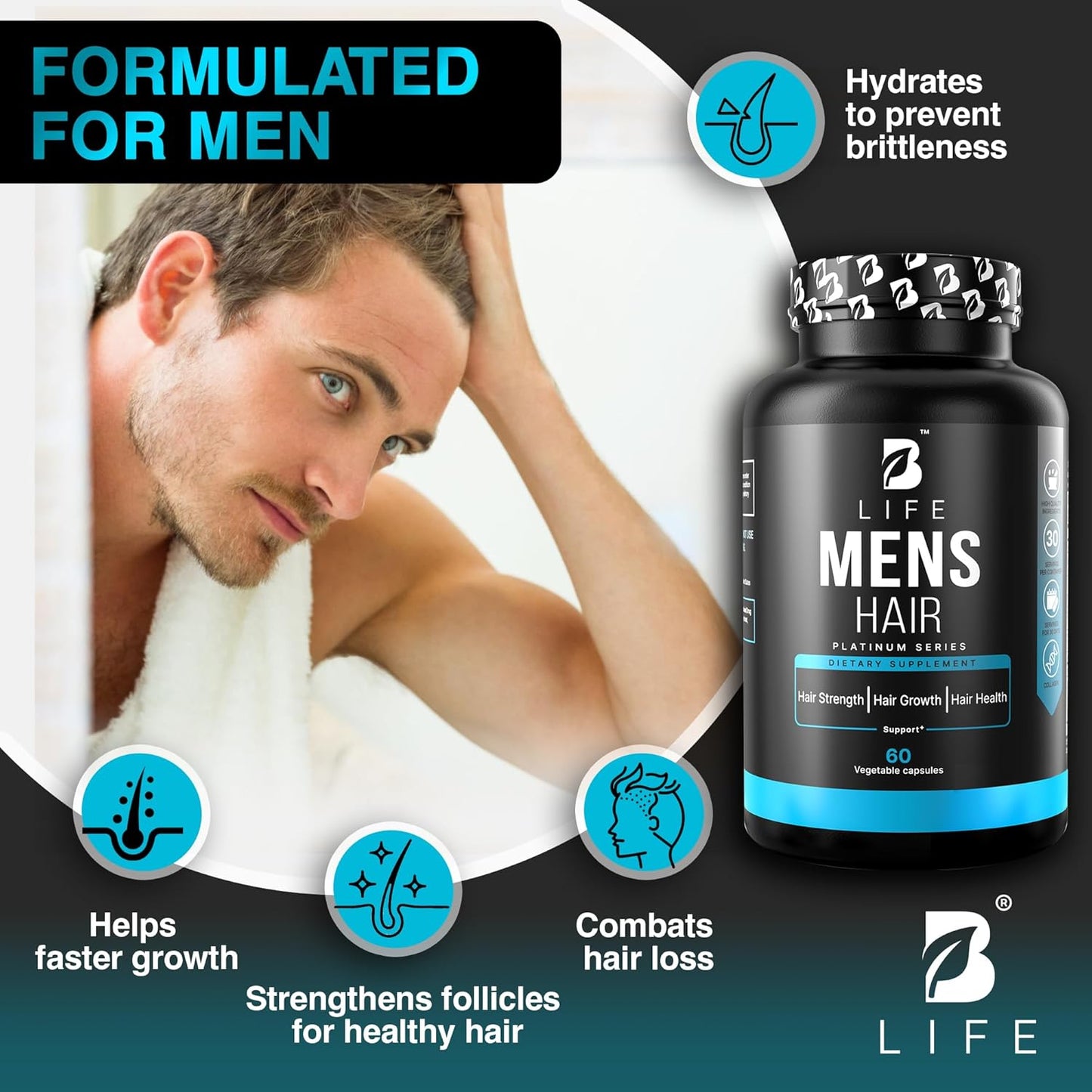 Men’s Hair Growth Supplement – Biotin & Collagen Hair Vitamins for Men – Thicker, Fuller Hair, Nail & Scalp Support – Hair Loss Supplement with Zinc, Selenium & Vitamins A C D E – 60 Capsules