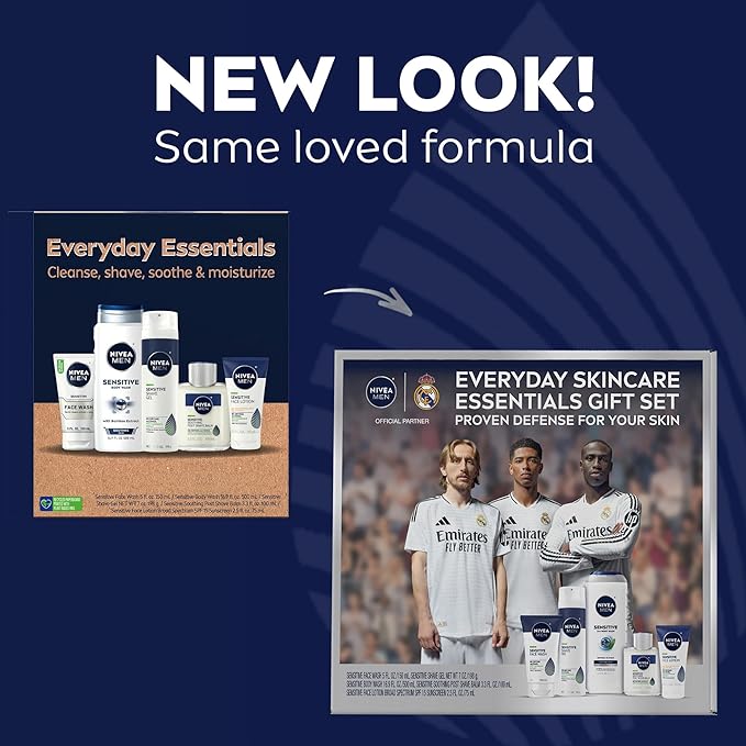 NIVEA MEN Sensitive Skin Care Set for Men, Face Wash, 5 Fl Oz + Body Wash, 16.9 Fl Oz + Shave Gel, 7 Oz + Soothing Post Shave Balm, 3.3 Fl Oz + Face Lotion SPF 15, 2.5 Fl Oz