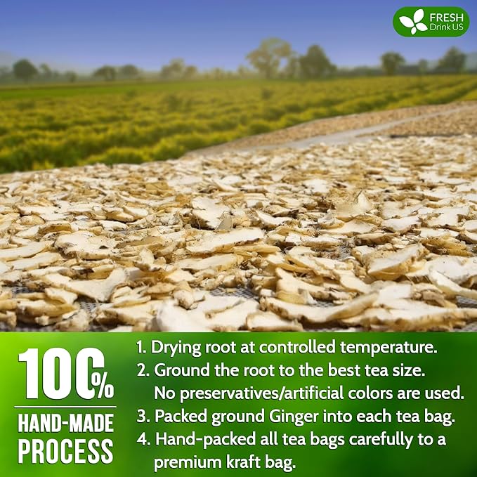 FRESHDRINKUS Premium 120 Ginger Tea Bags, 100% Natural & Pure from Ginger Roots, Ginger Tea, Ginger Herbal Tea. Ginger Tea. No Sugar, No Caffeine, No Gluten, Vegan.