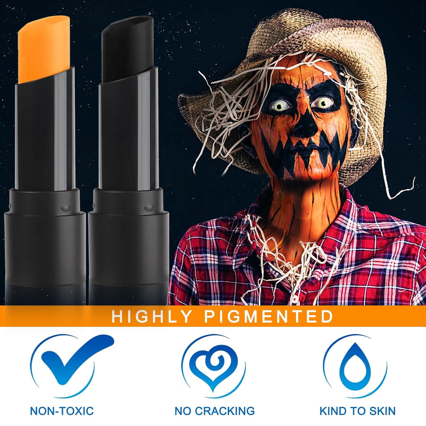 MEICOLY 2Pcs Black and Orange Face Body Paint Stick,Waterproof Face Paint for Halloween Pumpkin Tiger Lion Cosplay Makeup,Eye Black Stick for Baseball/Softball/Football/Lacrosse