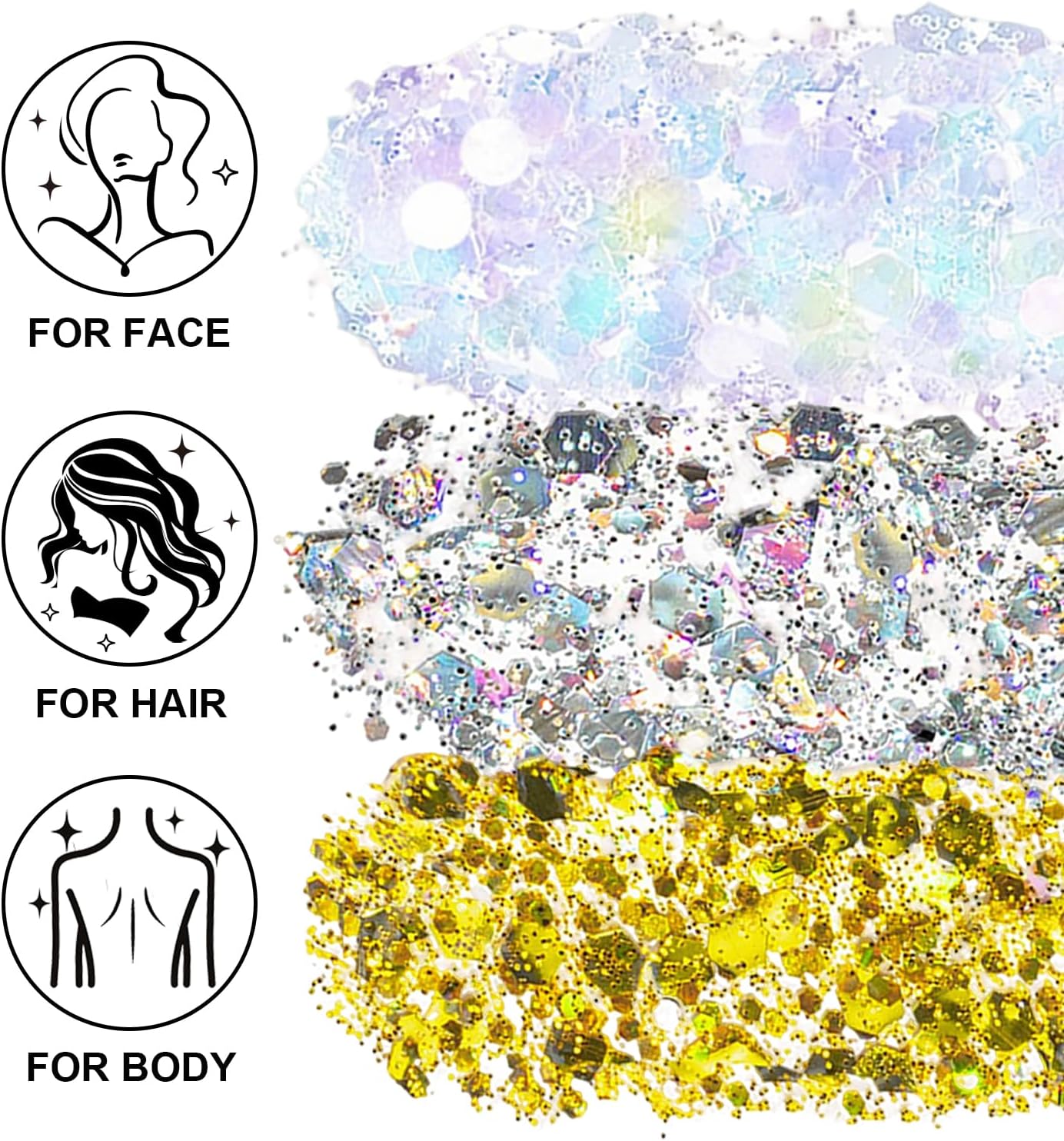 Face Body Glitter Set for Women and Kids, White Silver Gold Holographic Mermaid Sequins Chunky Glitter Makeup for Music Festival Rave Accessories, Running, Wedding, Prom, Carnivals