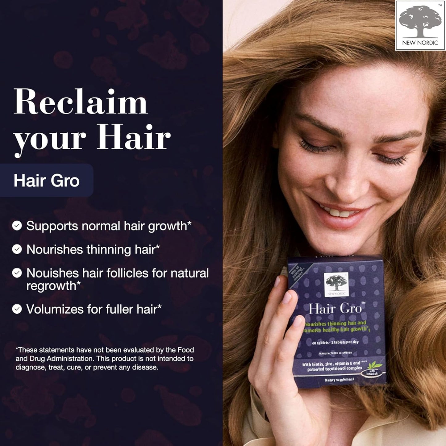 NEW NORDIC Hair GRO, Hair Growth Supplement, Biotin & Palm Fruit Extract Tocotrienols for Natural Regrowth, 60 Count (Pack of 3)