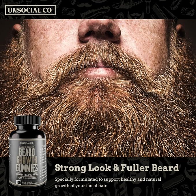 Unsocial Co. Extra Strong Beard Growth Vitamins Gummies | Biotin 10000 MCG | Promotes Strong & Thick Facial Hair Growth for Men | Beard Gummies for Men | Strawberry