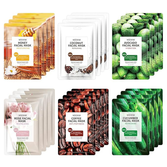 Face Mask Skincare, 24 Pack Variety Sheet Masks - Spa Party Face Masks - Natural Ingredients, Moisturizing & Soothing - Suitable for All Skin Types