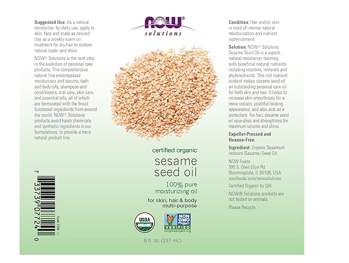 NOW Solutions, Organic Sesame Seed Oil, 100% Pure Moisturizing Oil for Skin and Hair, with Vitamins, Minerals and Phytonutrients, 8-Ounce (Pack of 5)