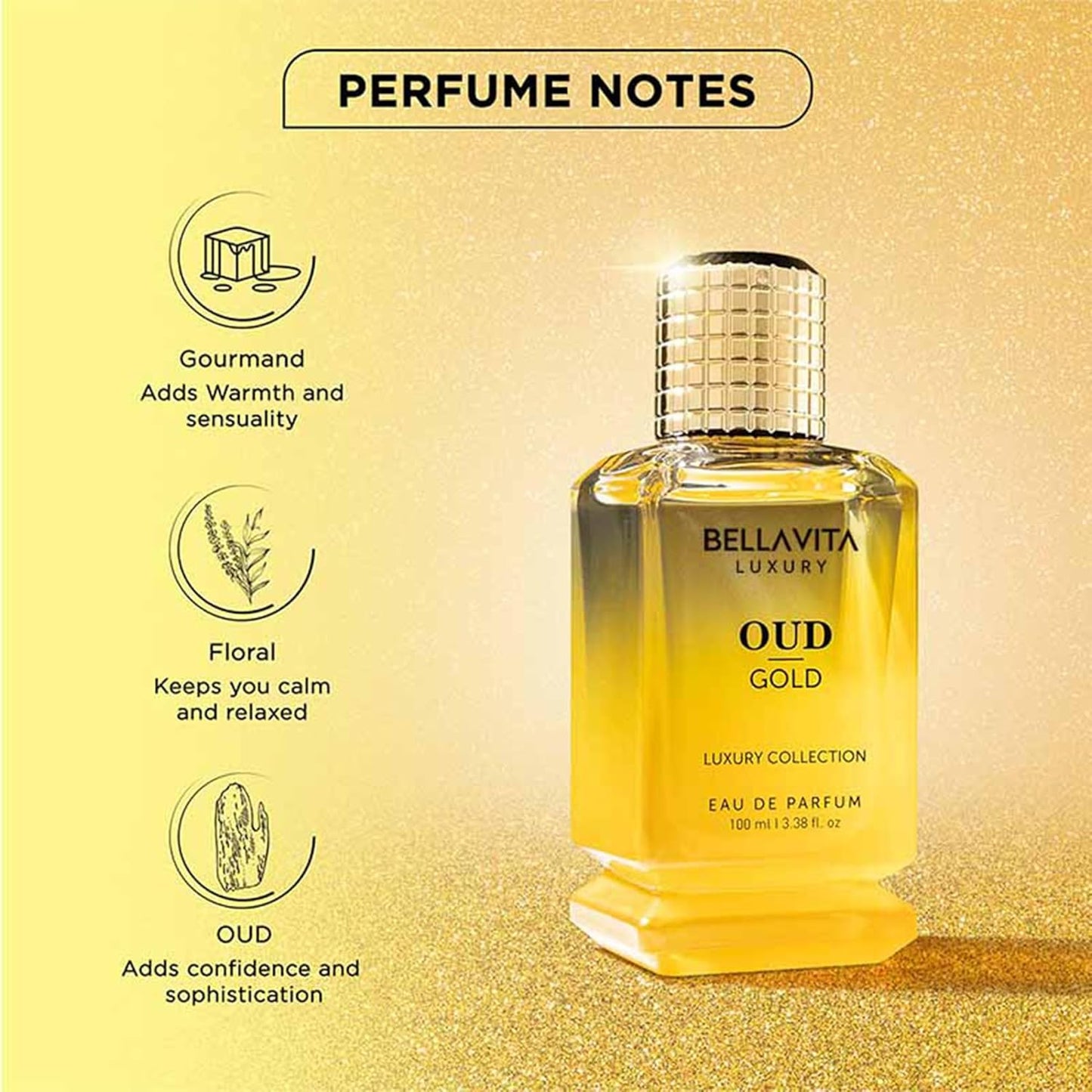BellaVita Luxury OUD Gold Eau De Parfum (100ml) Unisex | Aromatic Arabian Perfume | Infused with Sweet Caramel, Orris, Rose, Jasmine | Arabic Gold OUD Perfume for Women & Men