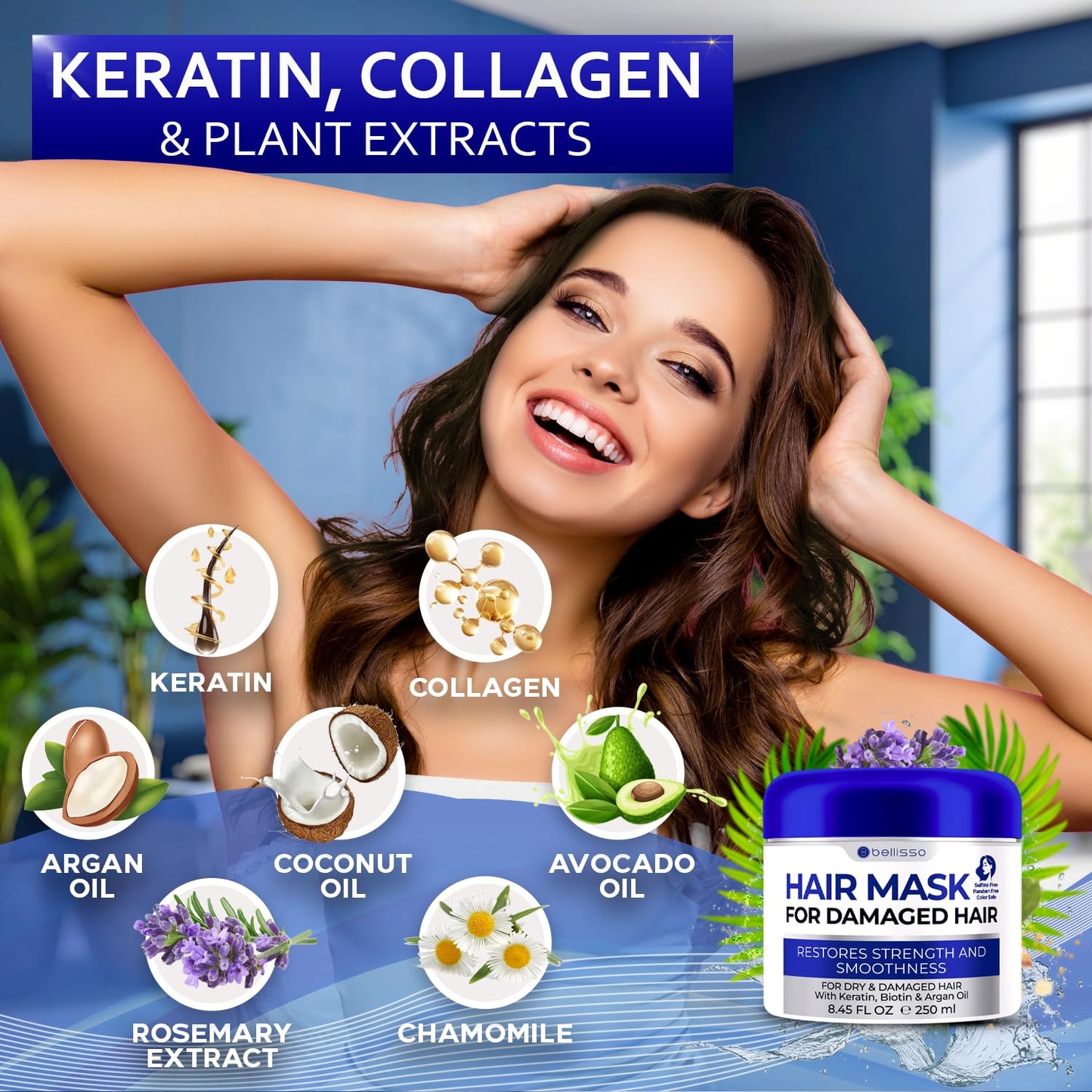 BELLISSO Hair Mask for Damaged Hair - Deep Conditioning and Moisturizing Repair Treatment for Dry Split Ends and Breakage - Hydrating Moisturizer Products for Women and Men - 8.45 Fl Oz