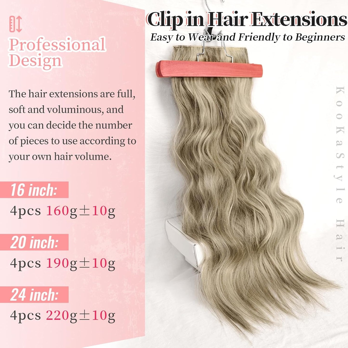 KooKaStyle Clip in Synthetic Highlight Hair Extensions Long Wavy 4PCS Thick Hairpieces Ashy Beige Blonde Balayage Fiber Double Weft Natural Hair Extensions 20 Inch for Women