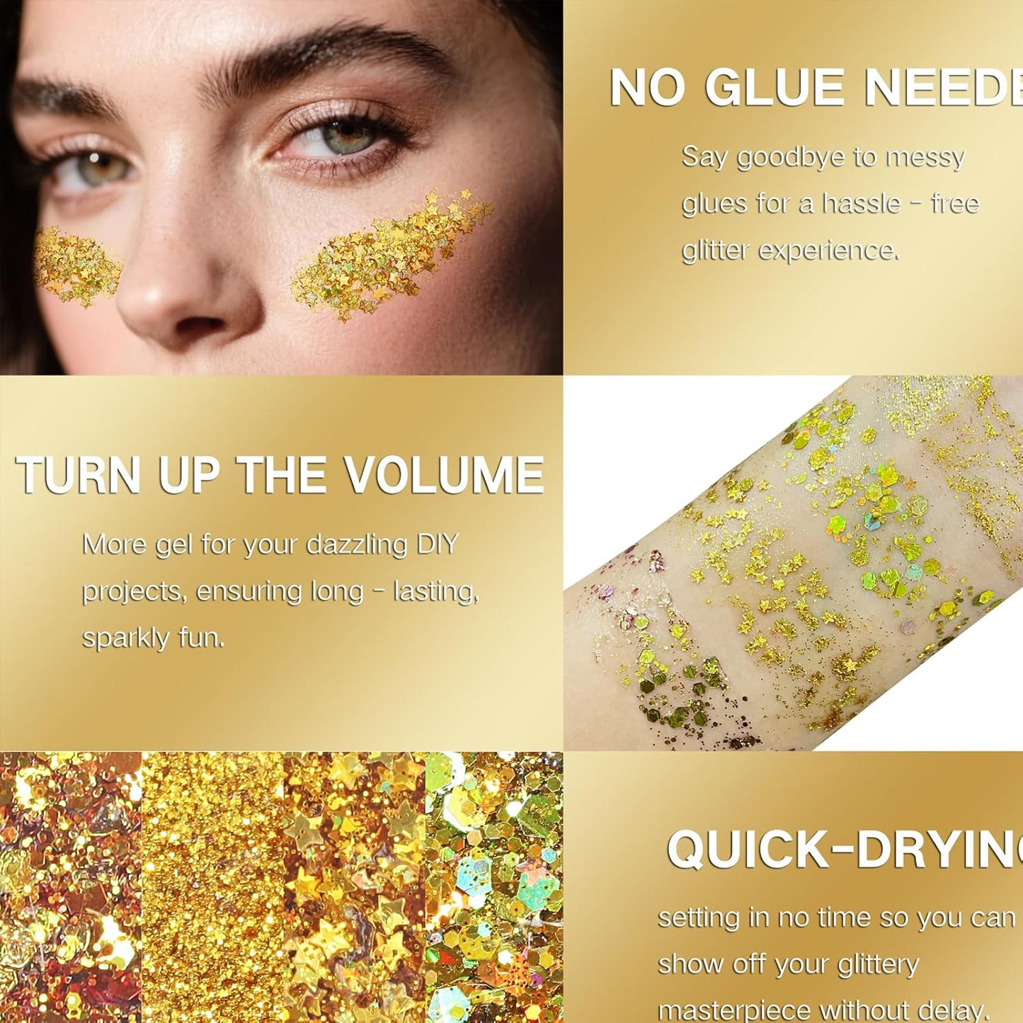 4 Jars Gold Face Glitter,Singer Concert Costume for Women,Sparkle Gold Body Hair Glitter,Rave Music Festival Outfits,Carnival Mardi Gras Makeup Accessories,40g/1.41 oz