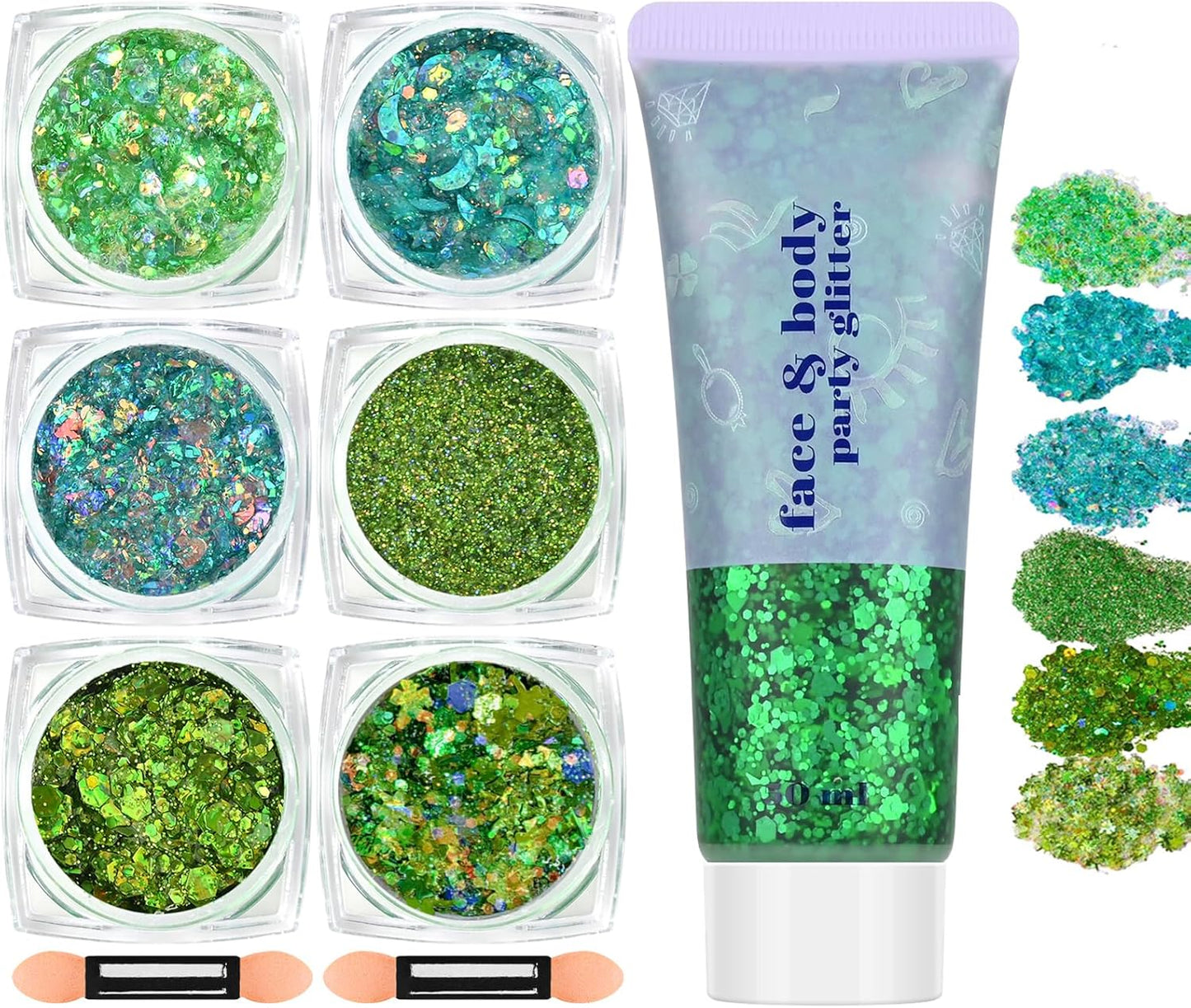 Green Face and Body Hair Glitter Gel, St Patricks Day Shamrock Face Paint Holographic Chunky Festival Rave Accessories Glitter Makeup, 6 Kinds of Sparkling Sequins for Hair Nail Eye Lip Body