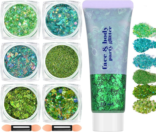 Green Face and Body Hair Glitter Gel, St Patricks Day Shamrock Face Paint Holographic Chunky Festival Rave Accessories Glitter Makeup, 6 Kinds of Sparkling Sequins for Hair Nail Eye Lip Body