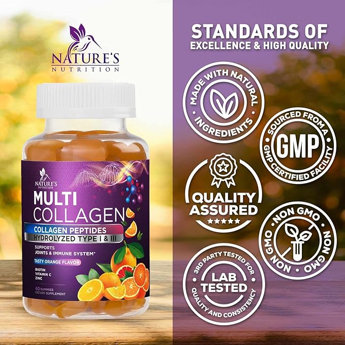 Collagen Gummies for Women with Vitamin C, Zinc & Biotin - Hydrolyzed Protein Type 1 & 3 Multi Collagen Peptides Supplement - Support for Hair, Skin, Nails & Joints, Gluten Free Complex - 60 Gummies