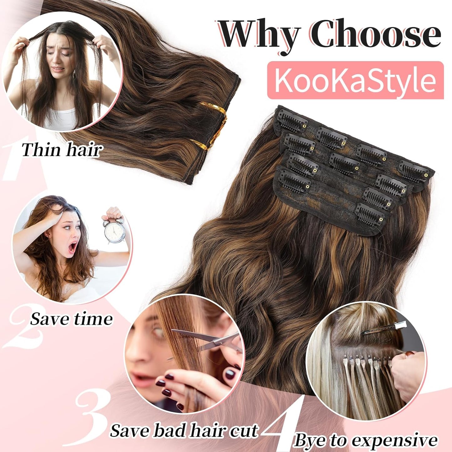 KooKaStyle Clip in Long Wavy Synthetic Hair Extension 20 Inch 4PCS Balayage Dark Brown to Chestnut Hairpieces Fiber Thick Double Weft Hair Extension for Women