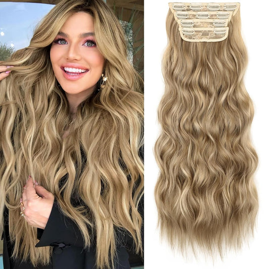 KooKaStyle Clip in Synthetic Hair Extensions Long Wavy 4PCS Thick Hairpieces Light Brown mix Golden Blonde Fiber Double Weft Natural Hair Extensions 24 Inch for Women