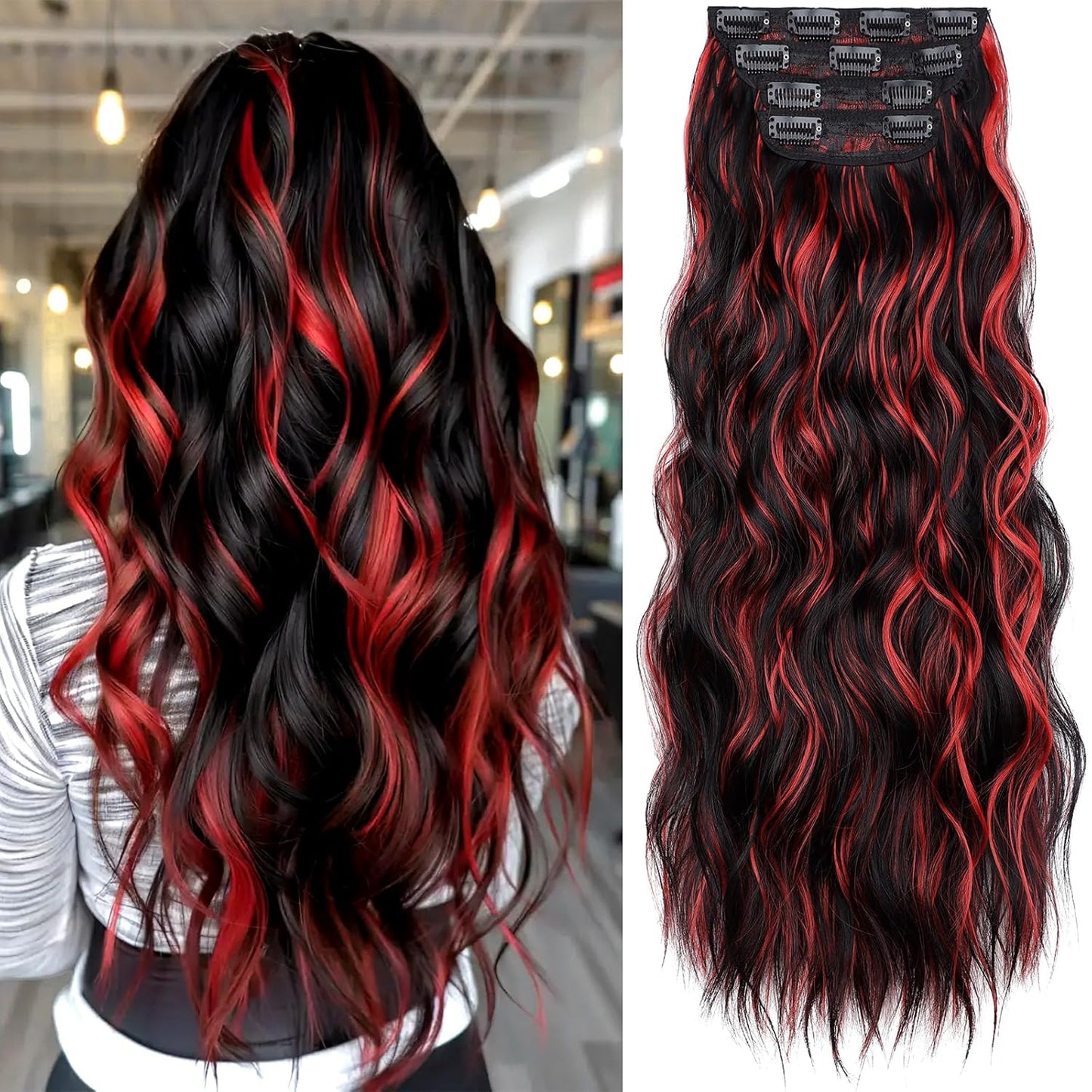 KooKaStyle Hair Extensions Black Mix Red Highlights 1B/113# Clip in Synthetic Highlight Long Wavy 4PCS Thick Hairpieces for Daily Use 24 Inch for Women
