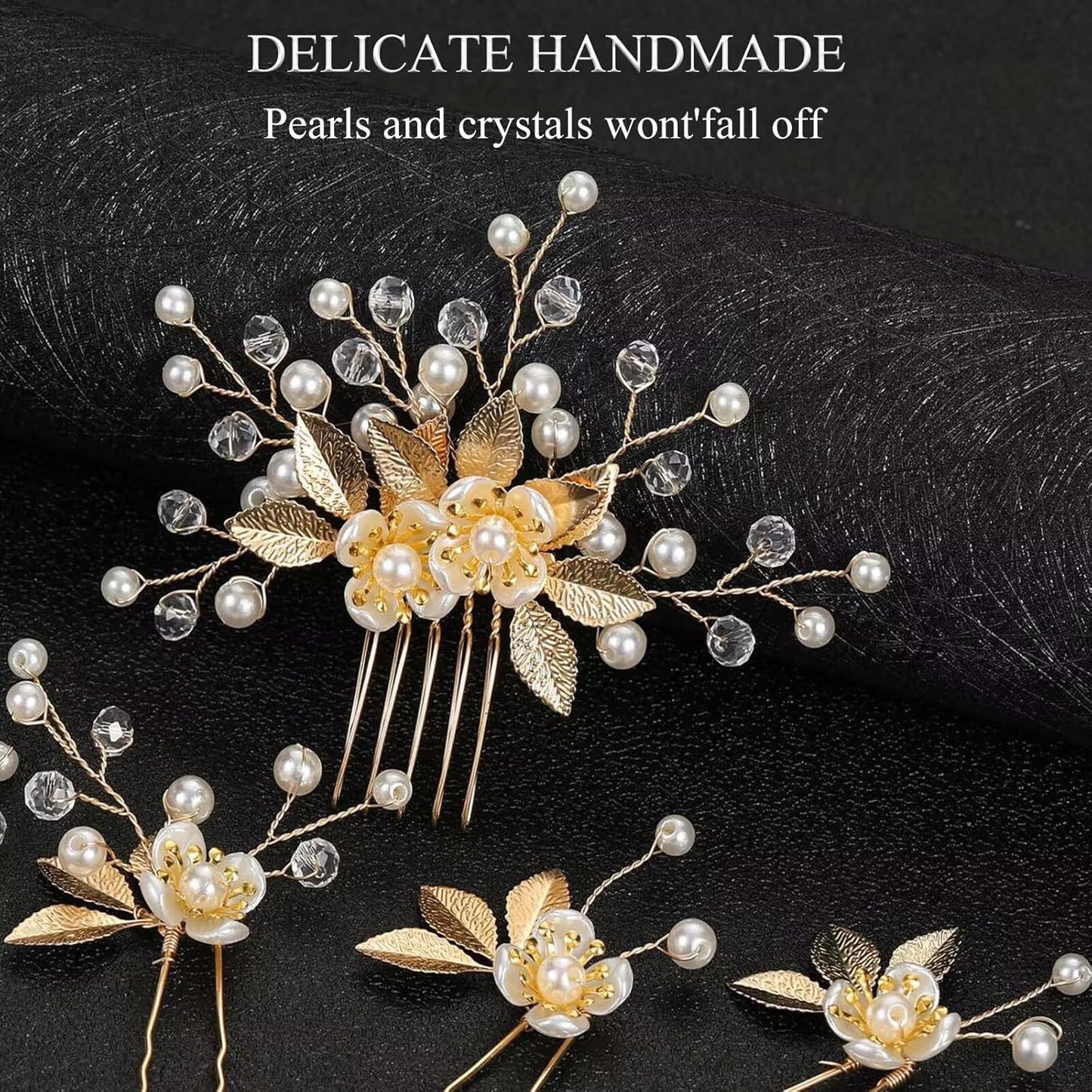 Wedding Hair Pins Set of 5 Pcs - Elegant Leaf Floral Pearl Rhinestones Hair Accessories for Bridal Women (Gold)