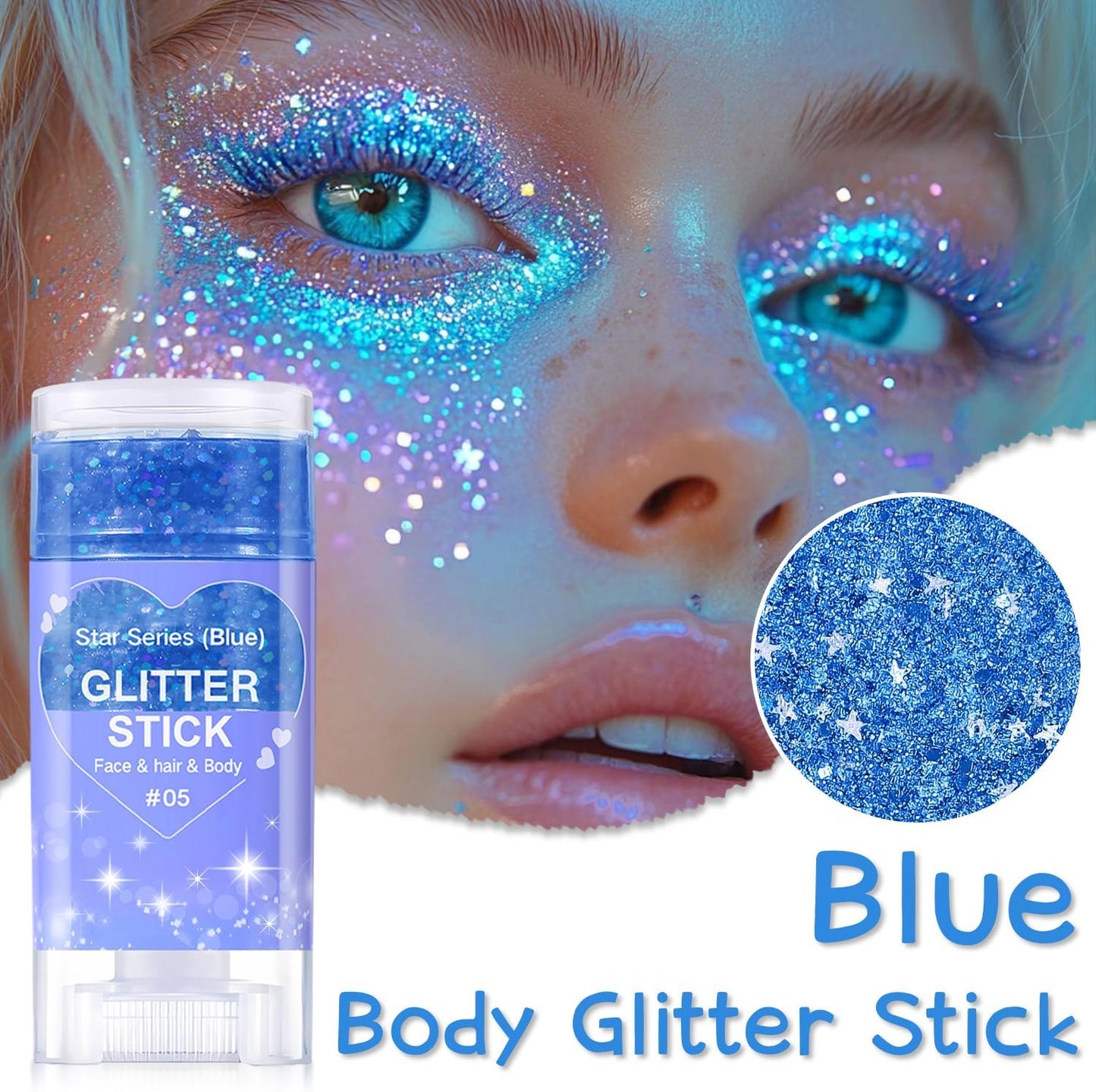 Blue Body Glitter Stick, Halloween Face Glitter Makeup,Holographic Hair Glitters Mermaid Makeup Rave Outfits for Women, Shimmer Face Paint Stick for Christmas (Blue)