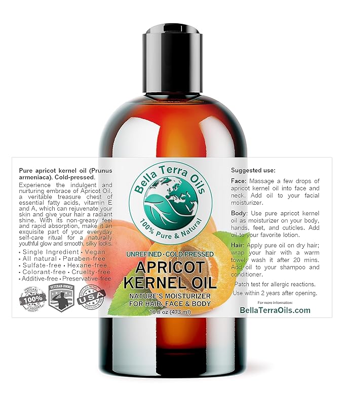 Bella Terra Oils - Organic Apricot Kernel Oil 16 oz - Cold-Pressed Nutritional Wonder, Packed with Antioxidants, Ideal Carrier Oils for Essential Oil Blends