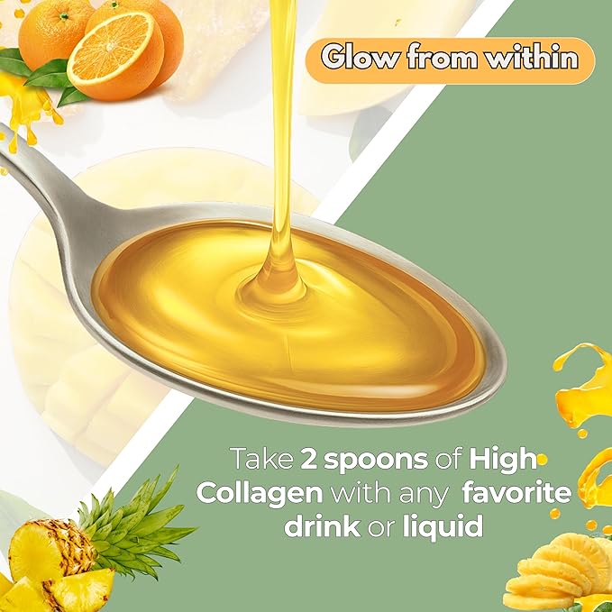 Liquid Collagen for Women & Men-Pine'O'Range Flavored Premium Grade 10000 mcg Biotin+8000 mg of Hydrolyzed Collagen for Radiant Skin Glow,Anti-Aging,Hair Growth & nice Nails.16 fl oz-Made in USA