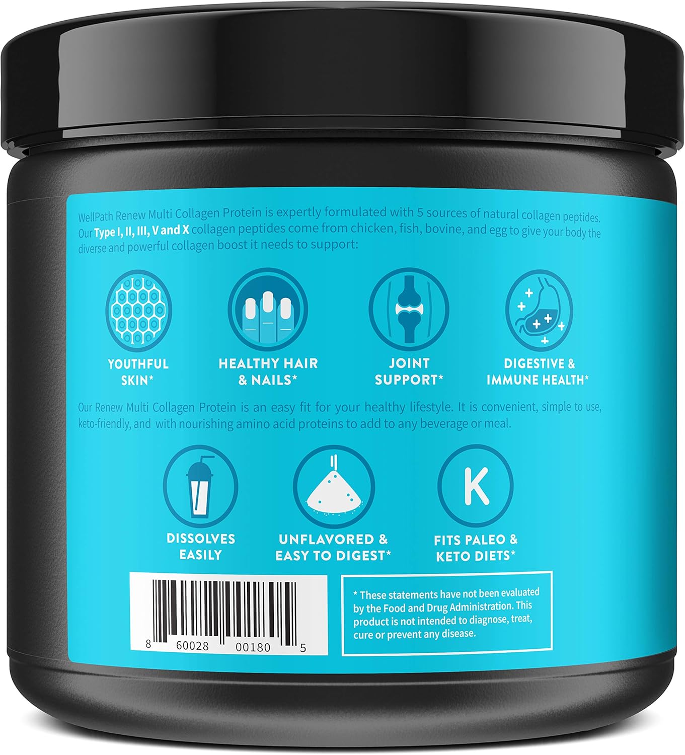 WellPath Renew Multi Collagen Protein Powder for Women | Hair, Nails, Skin | Hydrolyzed Grass-Fed Bovine, Marine, & Chicken Sources Collagen Peptides | Types I, II, III, V, X | 11 oz | 40 Servings
