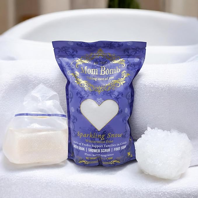 Mom Bomb Sparkling Snow Bath Soaks: Indulge in 3 lbs of Serenity for Baths, Showers, and Foot Treatments