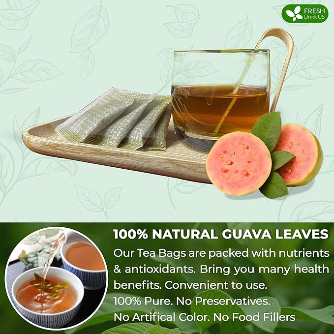 FreshDrinkUS, Premium 35 Guava Leaf Tea Bags, 100% Natural & Pure from Guava Leaves. Loose Leaf Guava Herbal Tea. Guava Leaf Tea. No Sugar, No Caffeine, No Gluten, Vegan.