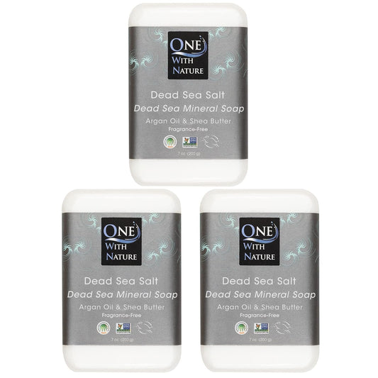 One With Nature Dead Sea Salt Soap 7oz 3-Pack – Purifying and Exfoliating Soap Bar with Dead Sea Minerals for Face & Body, for Men & Women. Unscented.