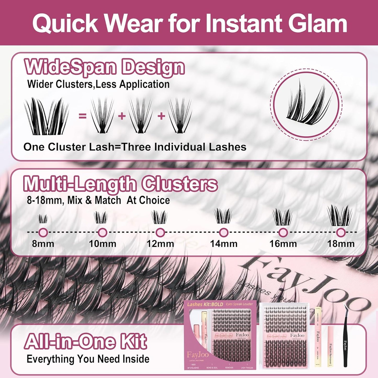 Dramatic Volume Lash Clusters Kit C Curl Thin Individual Lashes 8-18mm DIY Lash Extension Kit with Bond Seal Tweezers Waterproof, Reusable, Bold Glam for Events, FayJoo BOLDEE 11 Kit