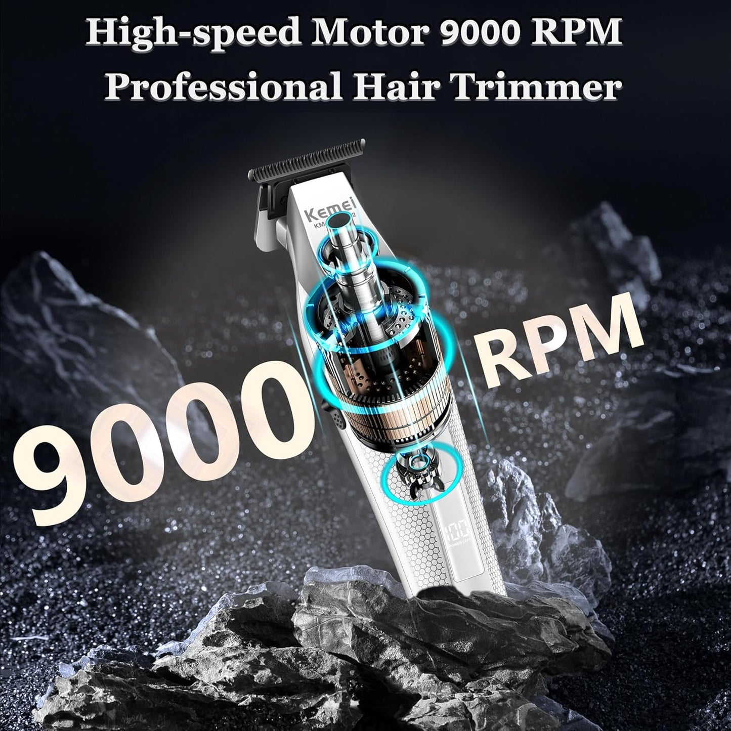 KEMEI 3023-702 Hair & Beard Trimmer for Men, 9000 RPM Zero Gapped Trimmers for Barbers with Full Metal Body, Professional Hair Clippers with LED Display, Ceramic and DLC Blades