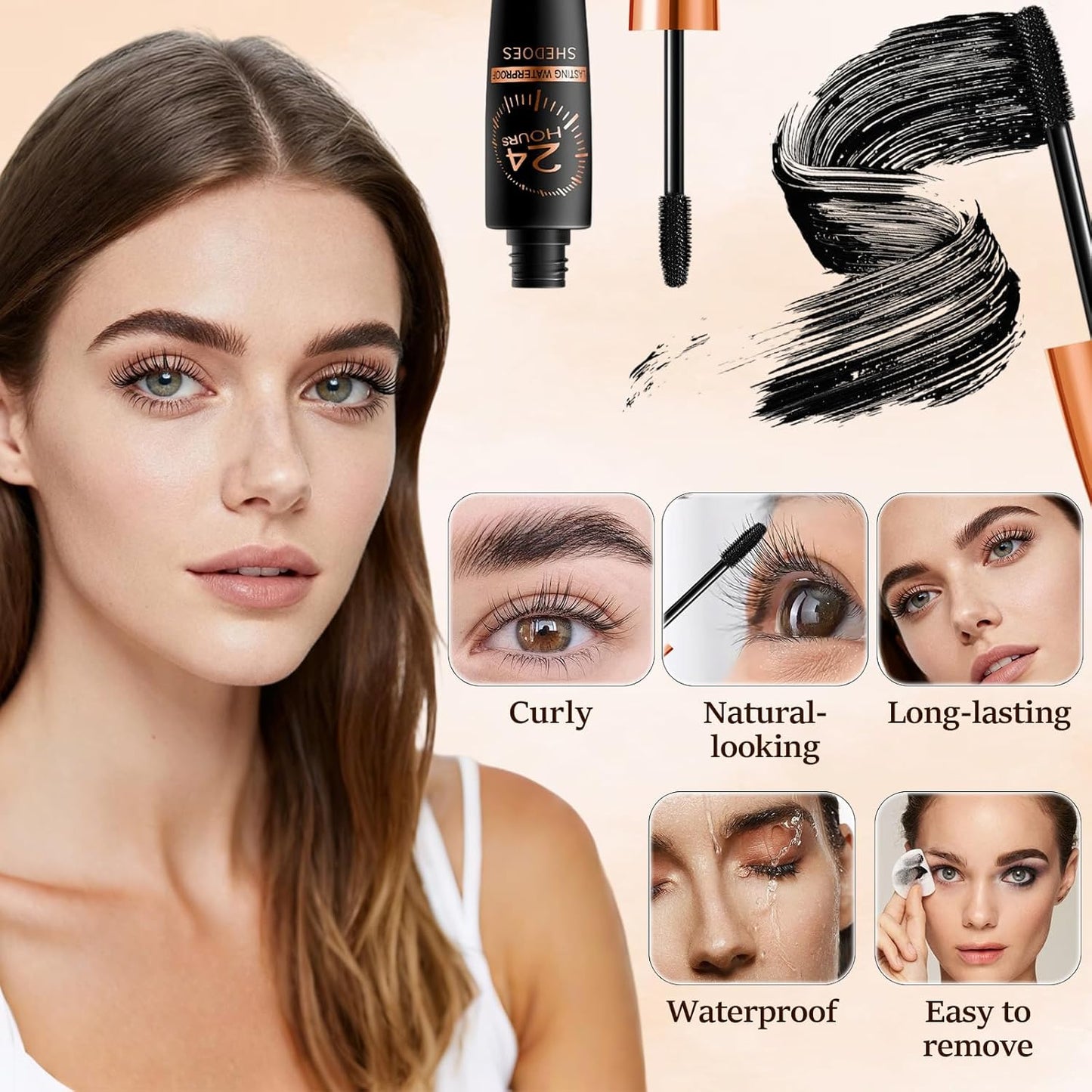 2 PCS 4D Waterproof Silk Fibre Thick Lengthening Mascara, Long Lasting Smudge-Proof Curling Eyelashes Mascaras with No Flaking Black Volume and Length Natural, All Day Full