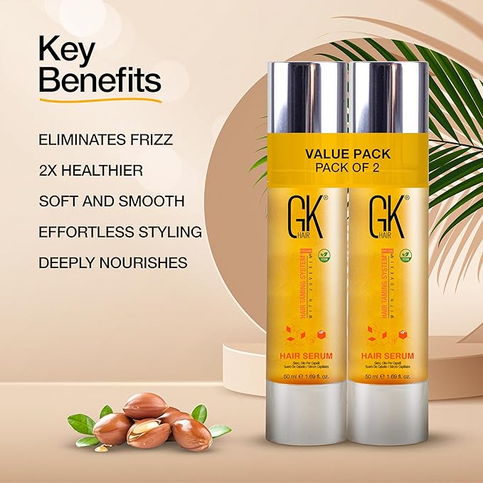 GK HAIR Global Keratin 100% Organic Argan Oil Anti Frizz Hair Serum Pack of 2 (1.69 Fl Oz/50ml) Styling Smoothing Strengthening Hydrating & Nourishing Heat Protection Shine For Frizzy Dry Damaged Hair