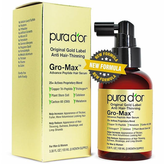 PURA D'OR 3.38 Oz Gro-Max Advanced Peptide Hair Serum (NEW FORMULA) Plant Stem Cell, Catalase, Copper Tri-Peptide, C60, Biotin, Melatonin, Trichogen, Caffeine, Rosemary - Stronger, Thicker Hair
