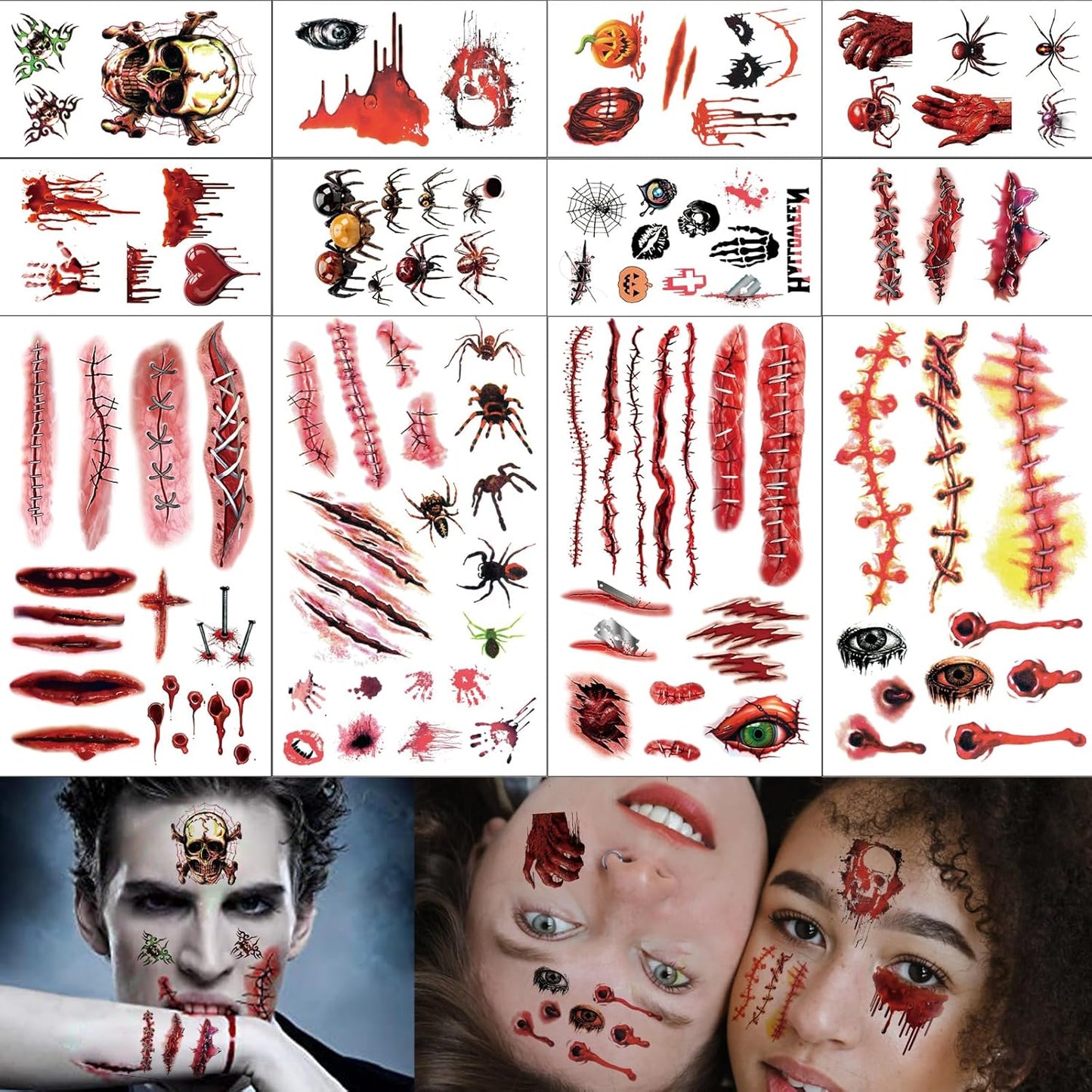 Halloween Zombie Makeup, 12 Sheets Halloween Fake Scars Bloody Wound Temporary Tattoos, Halloween Party Cosplay Vampire Makeup Tattoos for Women Men Kids