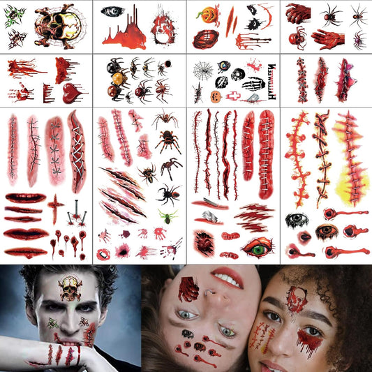 Halloween Zombie Makeup, 12 Sheets Halloween Fake Scars Bloody Wound Temporary Tattoos, Halloween Party Cosplay Vampire Makeup Tattoos for Women Men Kids