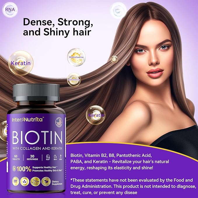 Biotin with Hydrolysed Collagen and Keratin, 5000mcg Biotin for Hair Growth，Skin & Nails & Energy Production，USA Made - Vitamin A, C, D3, E, B1, B2, B7, B12 Complex