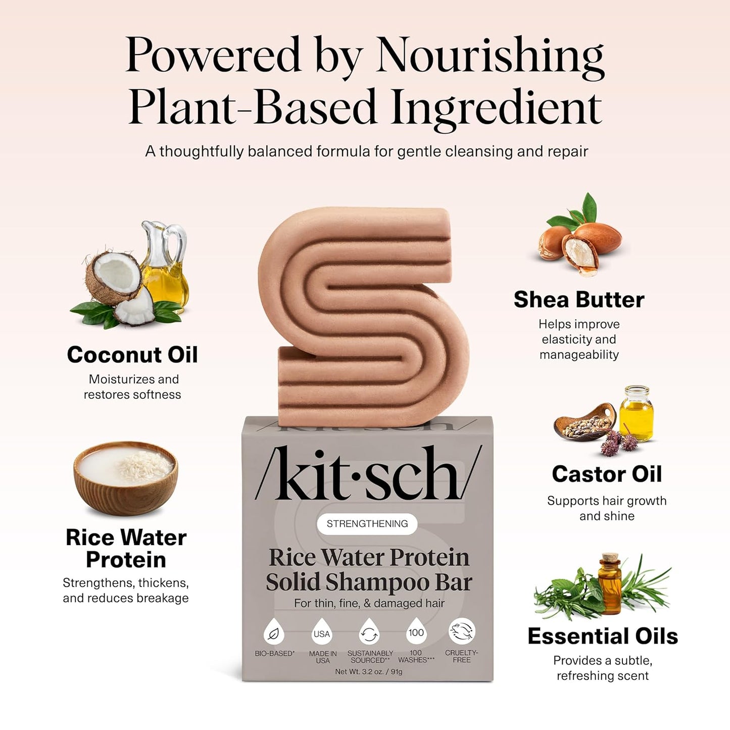 Kitsch Rice Water Shampoo Bar for Hair Growth – Strengthening Hair Shampoo for Men and Women – Reduce Breakage, Boosts Shine – Paraben, Silicone & Sulfate-Free, Vegan Hair Care - 3.2 oz