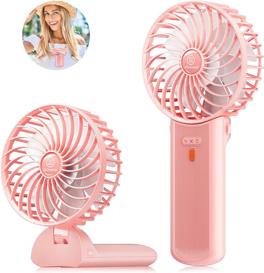 JZCreater Mini Handheld Fan, Portable Rechargeable Fans, Quiet 4 Speed, 2in1 Battery Operated USB Desk Fan, Small Folding Stand Electric Fan for Travel Outdoor Home Office Makeup, Gift for Women