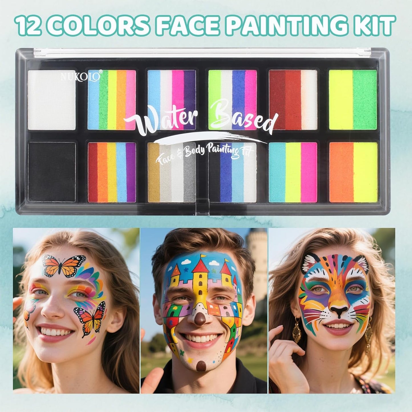 Face Painting Kit for Kids & Adults, Split Cake Face Paint Palette, Water Activated Face Paint with 4 Brushes, Safe & Quick-Dry, Perfect for Halloween Party Birthday Cosplay